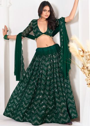 Green Sequins Embellished Georgette Lehenga Choli