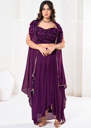 Purple Draped Style Lehenga & Embroidered Choli Set