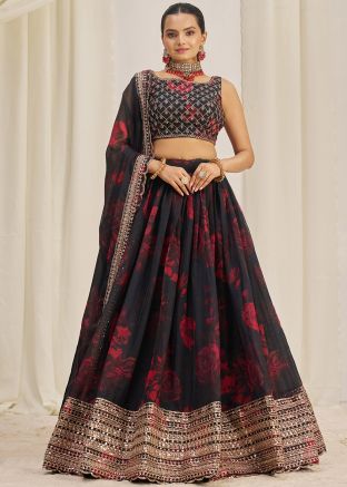 Black Floral Print Lehenga Choli In Organza