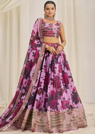 Pink Floral Print Lehenga Choli With Dupatta