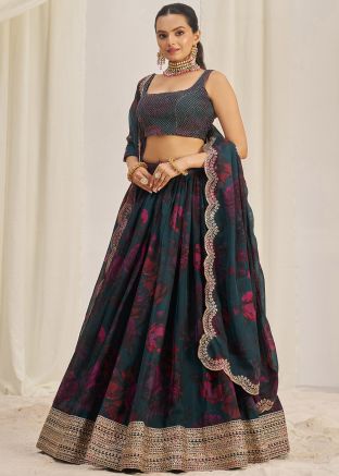 Teal Blue Lehenga Choli In Floral Print