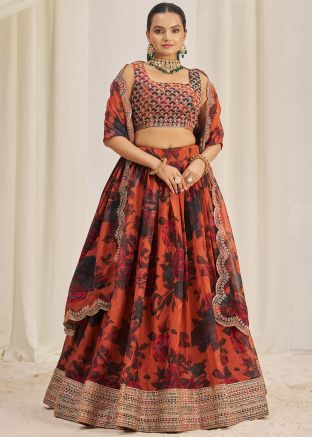 Orange Organza Lehenga Choli In Floral Print
