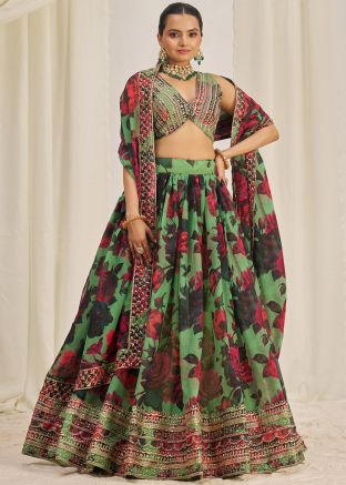 Green Organza Lehenga Choli In Floral Print