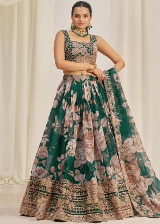 Dark Green Lehenga Choli In Floral Print
