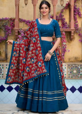 Teal Blue Navratri Lehenga Choli In Cotton
