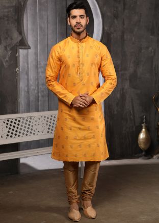 Readymade Art Silk Jacquard Yellow Kurta 