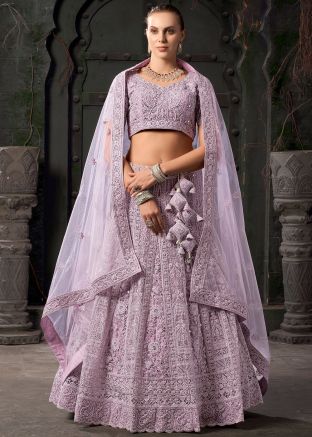 Lavender Readymade Embroidered Net Lehenga Choli