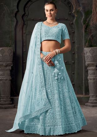 Turquoise Readymade Embroidered Lehenga Choli In Net