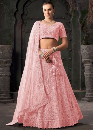 Pink Readymade Net Lehenga Choli In Embroidery