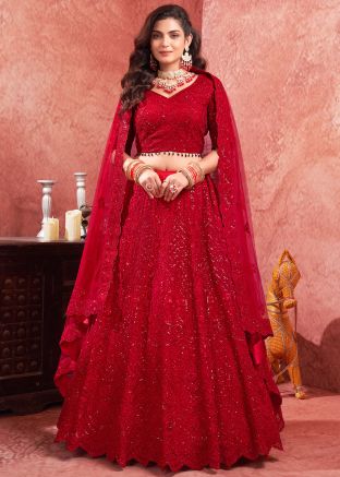 Red Embroidered Readymade Net Lehenga Choli Set