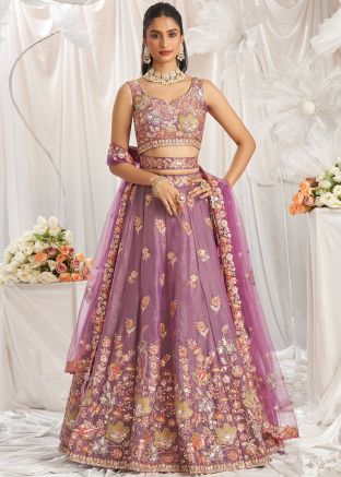 Mauve Purple Embroidered Organza Lehenga Choli