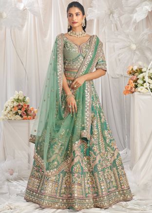 Green Embroidered Lehenga Choli Set In Tissue