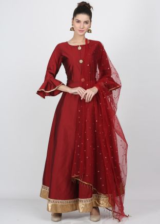 Readymade Maroon Bell Sleeved Slit Style Salwar Kameez