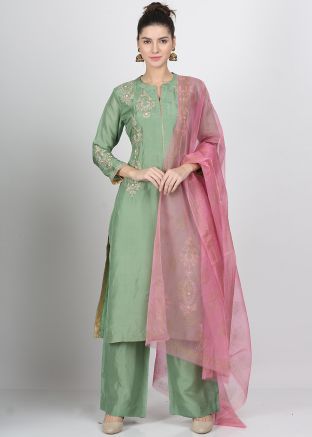 Green Embroidered Readymade Pant Salwar Suit