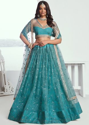Turquoise Embroidered Net Lehenga Choli