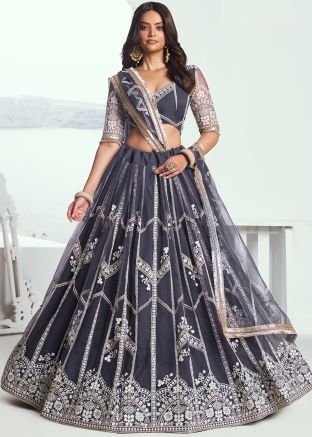 Dull Black Net Lehenga Choli In Embroidery