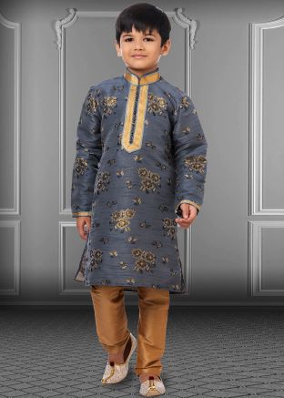 Grey Zari Woven Kids Kurta & Pajama