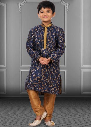 Blue Jacquard Kids Woven Kurta Pajama Set