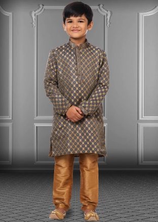 Grey Zari Woven Kids Kurta Pajama Set
