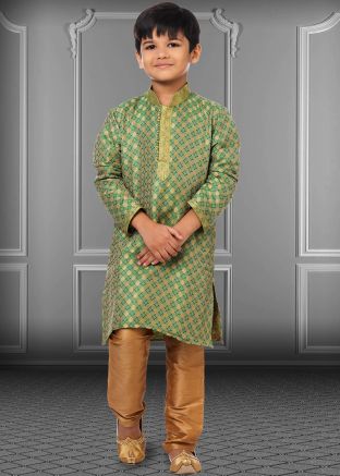 Green Zari Woven Kids Kurta Pajama Set