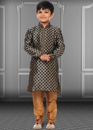 Black Zari Woven Kids Kurta Pajama Set