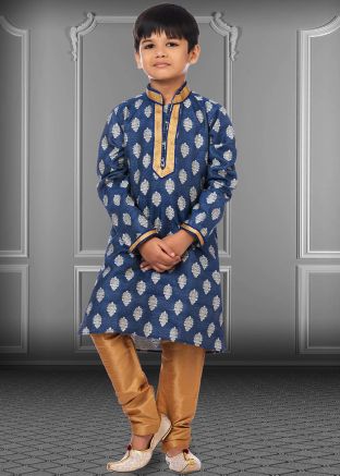 Blue Kids Zari Woven Kurta & Pajama Set