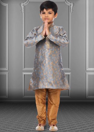 Grey Kids Kurta Pajama With Woven Motifs