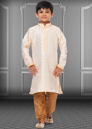 Cream Zari Woven Kids Kurta Pajama Set