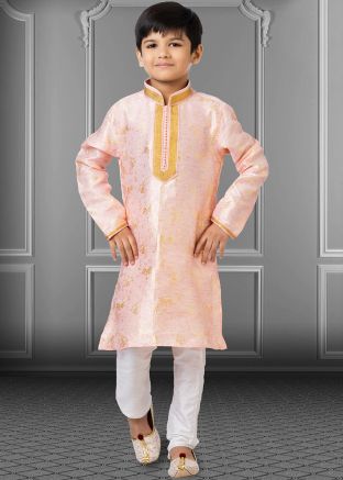 Readymade Pink Zari Woven Kids Kurta & Pajama