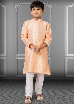 Peach Zari Woven Kids Kurta & Pajama Set