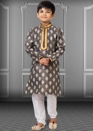 Brown Zari Woven Kids Kurta Pajama Set
