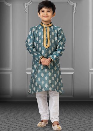Blue Kids Kurta Pajama With Woven Motifs