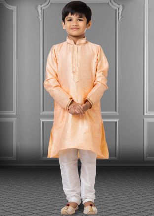 Readymade Peach Kids Woven Kurta Pajama