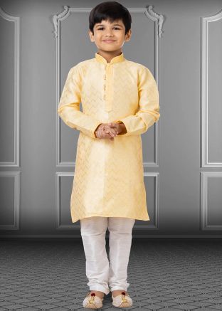Yellow Zari Woven Kids Kurta & Pajama Set 