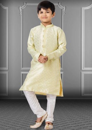 Green Zari Woven Kids Kurta Pajama Set