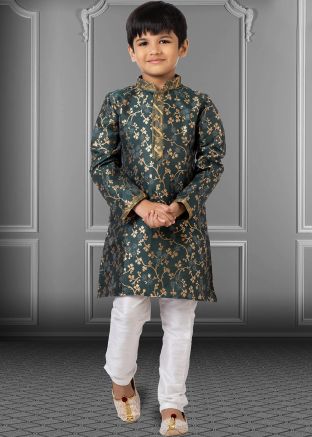 Green Kids Zari Woven Kurta & Pajama