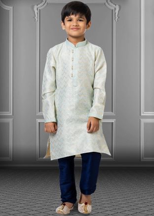 Blue Kids Kurta & Pajama With Woven Motifs