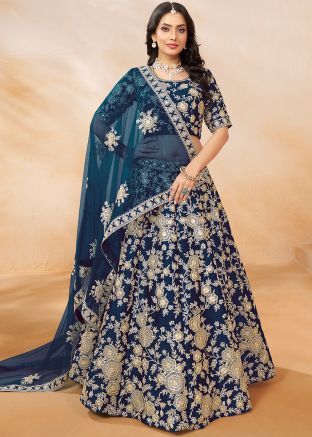 Blue Embroidered Lehenga Choli In Art Silk