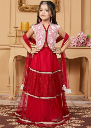 Red Kids Readymade Lehenga Choli In Net