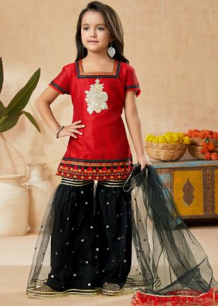 Red Kids Readymade Embroidered Salwar Kameez In Art Silk