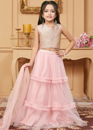 Readymade Pink Kids Tiered Lehenga In Net