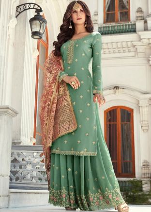 Green Georgette Embroidered Sharara Suit With Dupatta