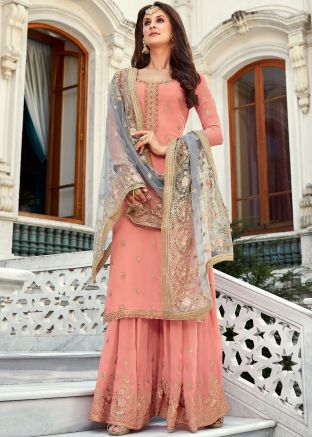 Peach Straight Cut Embroidered Pakistani Sharara Suit