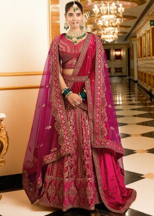 Pink Embroidered Velvet Lehenga Choli For Brides