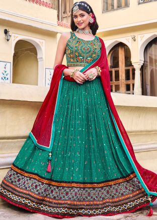 Teal Green Readymade Lehenga Choli In Pleated Style