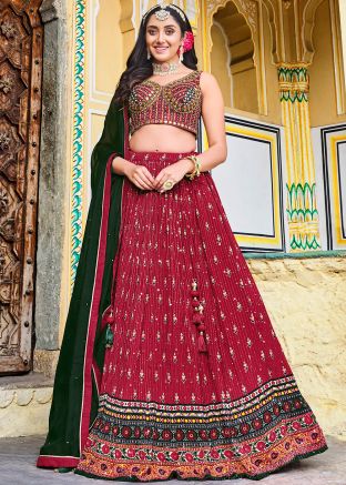 Red Readymade Chiffon Pleated Style Lehenga Choli Set