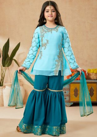 Kids Blue Embroidered Readymade Gharara Suit