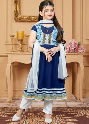Navy Blue Readymade Printed Salwar Kameez For Kids 