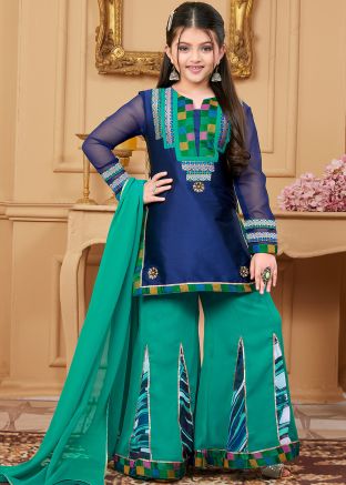 Navy Blue Readymade Woven Kids Sharara Set