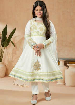 Readymade Off White Kids Salwar Kameez In Cotton